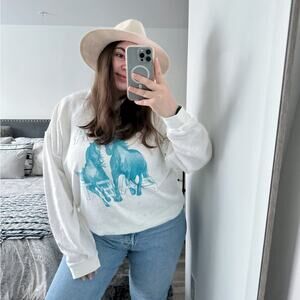 Baja East White Blue Graphic Horses Print Soft Oversized Sweatshirt Women’s XL